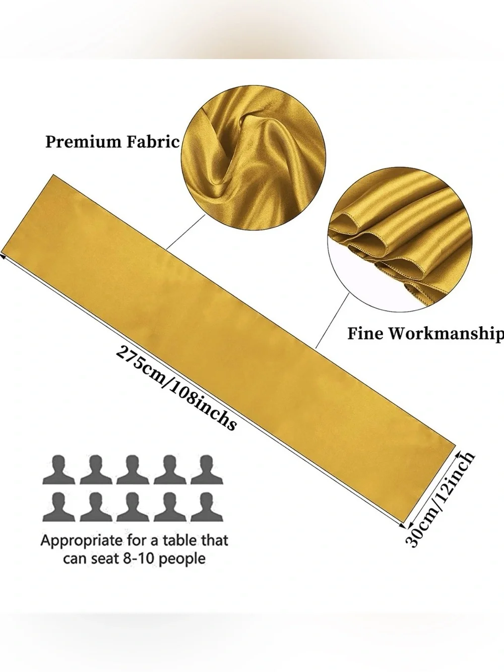 REWOMC 10-Pack Gold 12 × 108 inches Long Premium Satin Table Runner